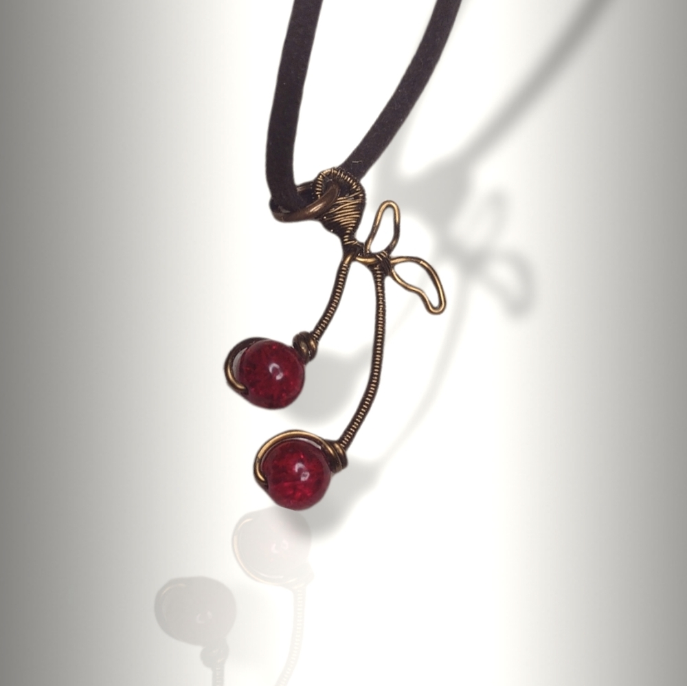 Cherry drop pendant necklace. Handmade.